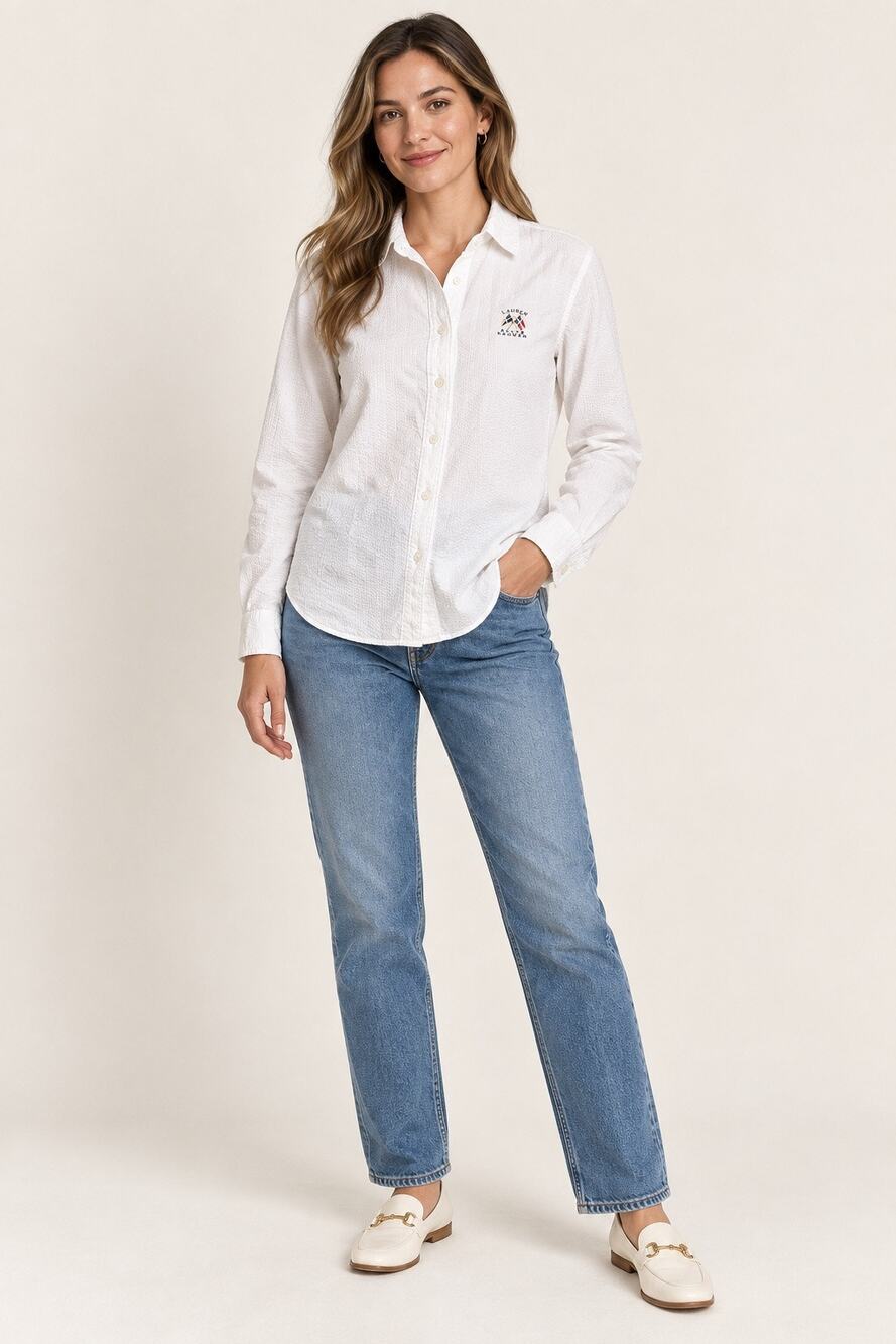 Lauren Ralph Lauren Women’s Size 12 White Seersucker Nautical Flag Button-Up